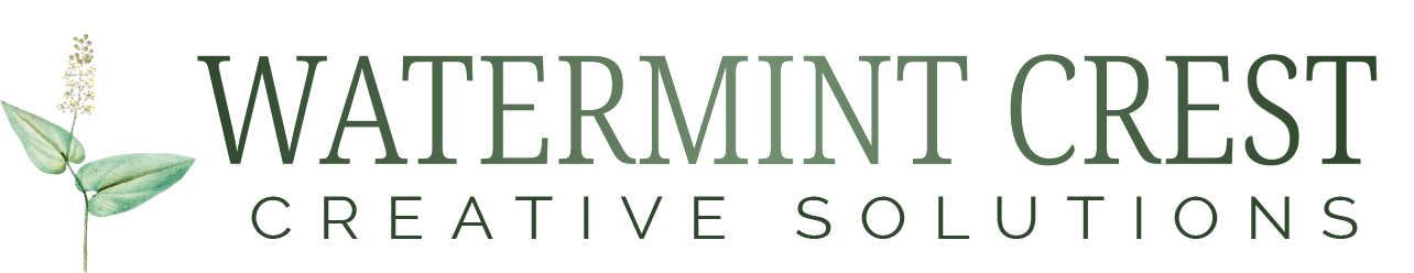 Watermint Crest Creative Solutions logo featuring a botanical leaf mark and elegant typography