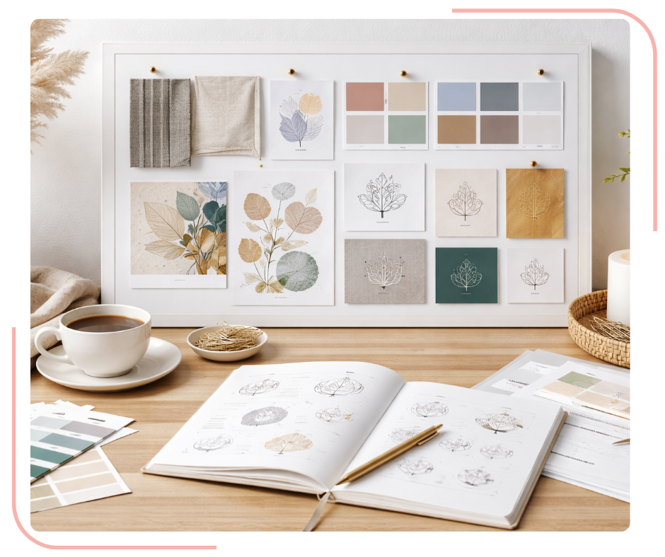 Brand development workspace with mood board, color palettes, logo sketches, and design materials arranged on a desk