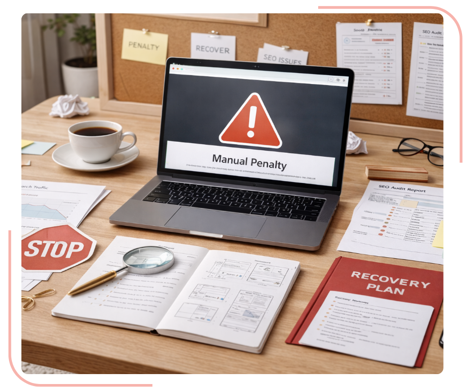Website recovery workspace showing search penalty alert, audit reports, and recovery planning tools