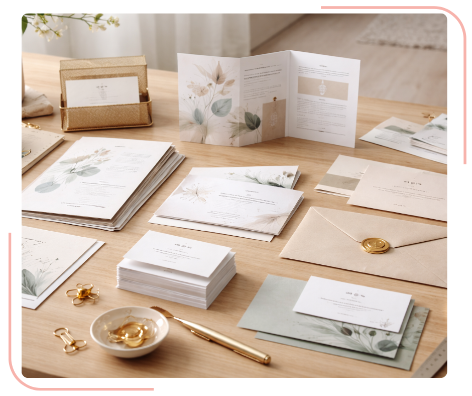 Elegant print design materials including brochures, business cards, stationery, and envelopes arranged on a desk