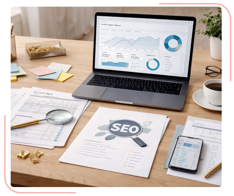 SEO workspace with analytics dashboard, reports, magnifying glass, and optimization planning materials