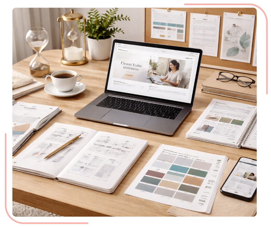 Website design intensive workspace with laptop, wireframes, brand palettes, and planning materials on a desk