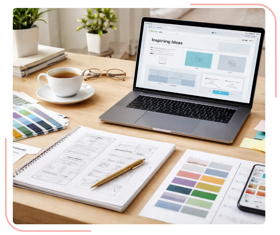 Modern web design workspace with laptop, wireframes, color palettes, and design tools on a desk